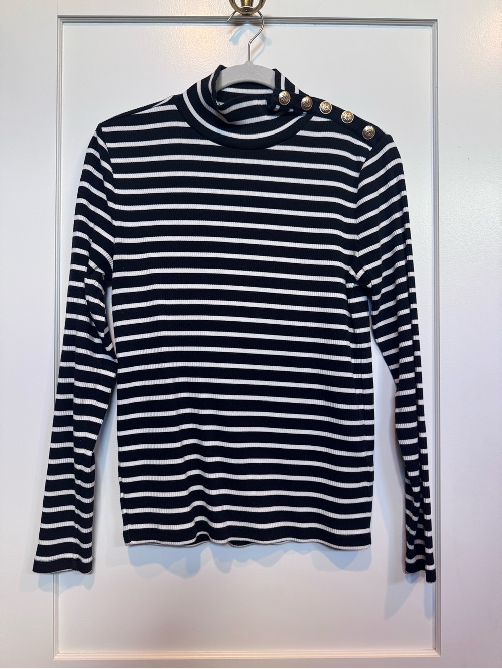 J. Crew Black & White Striped Long-Sleeve Turtleneck with Buttons Size Medium